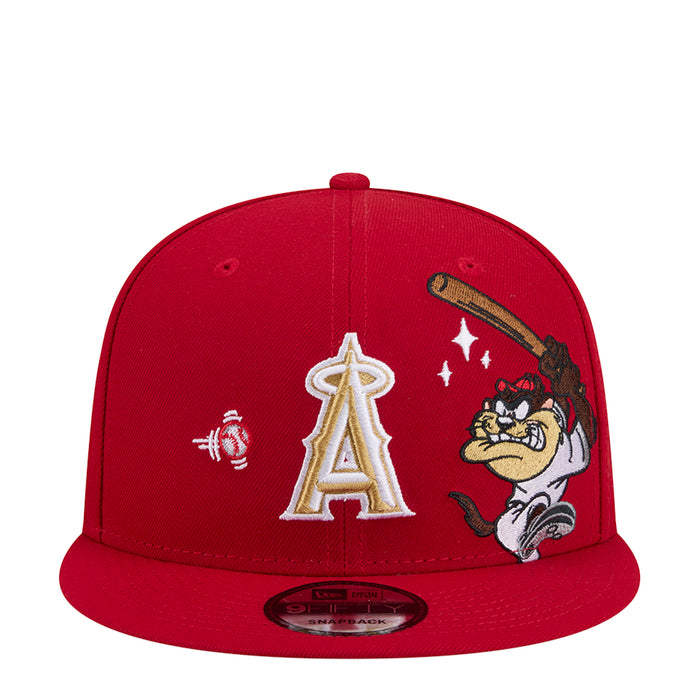 Red baseball cap with white A logo, star accents, and cartoon character patch, snapback