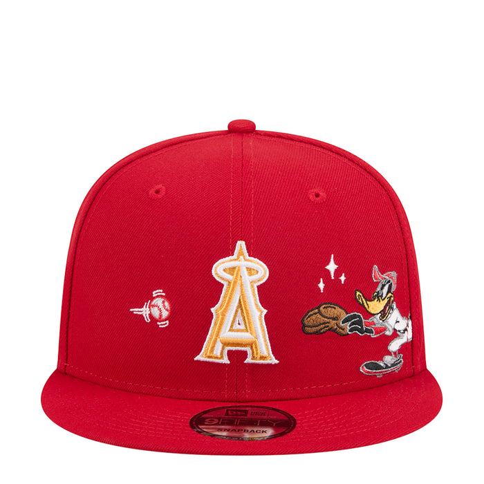 Red snapback baseball cap with embroidered Angels 'A' logo and Daffy Duck graphic