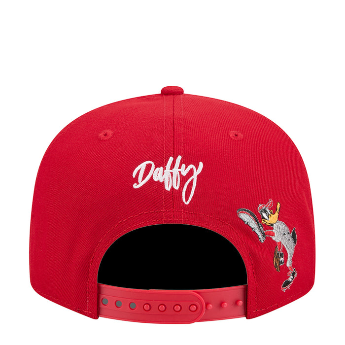 Red snapback baseball cap with embroidered 'Daffy' script and Duck character patch