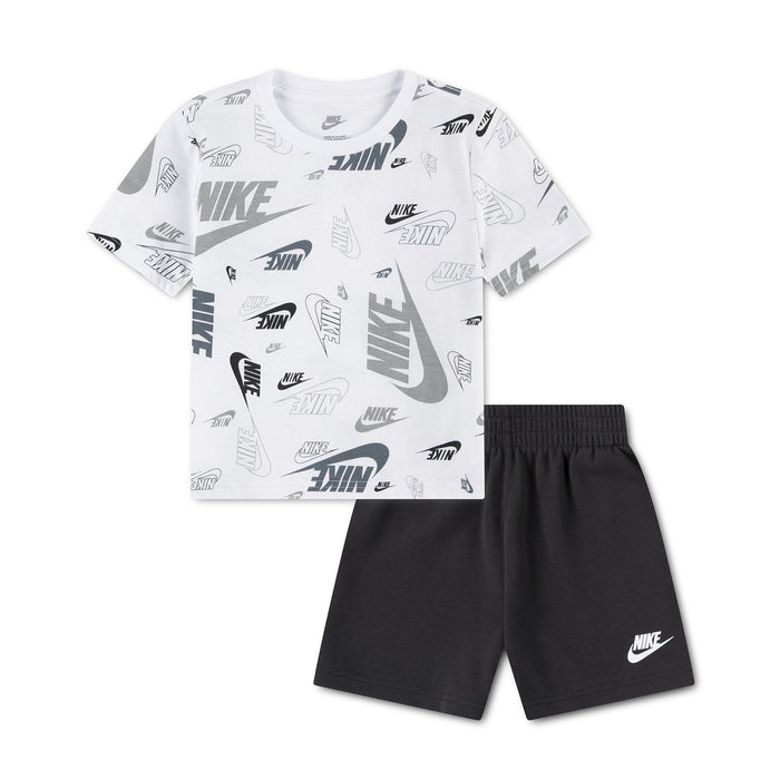 Toddler short set with white graphic T-shirt and dark shorts