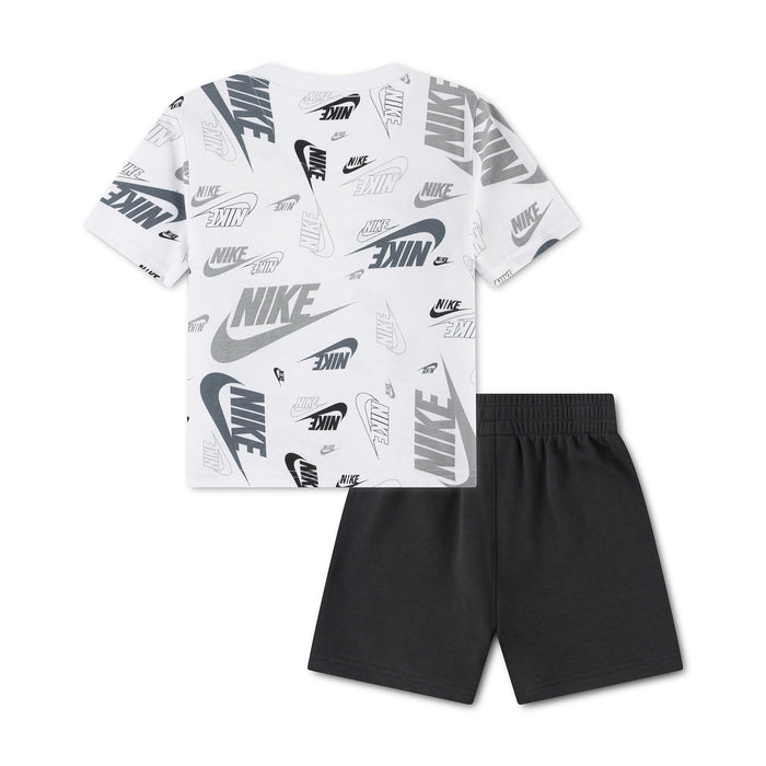 Toddler short set with white back graphic T-shirt and dark shorts