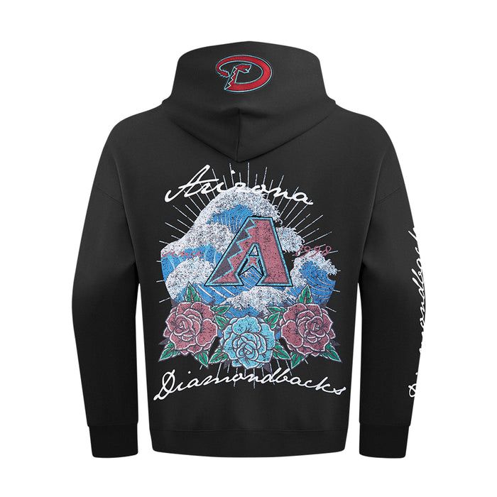 Black men’s hoodie back with large floral A graphic, script, and sparkle effect