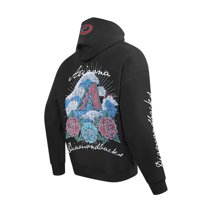 Black men’s hoodie back/side view with large floral A graphic and script