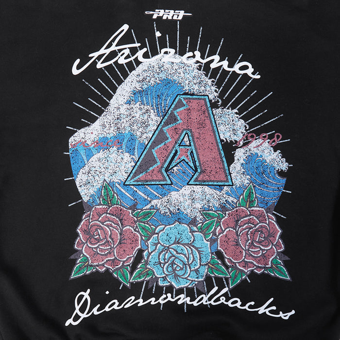 Close-up of black hoodie front: large floral Arizona A artwork with script text