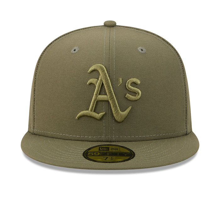 Olive baseball cap with raised A’s logo on front panel