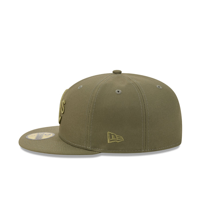 Olive baseball cap with low profile crown and small side flag logo