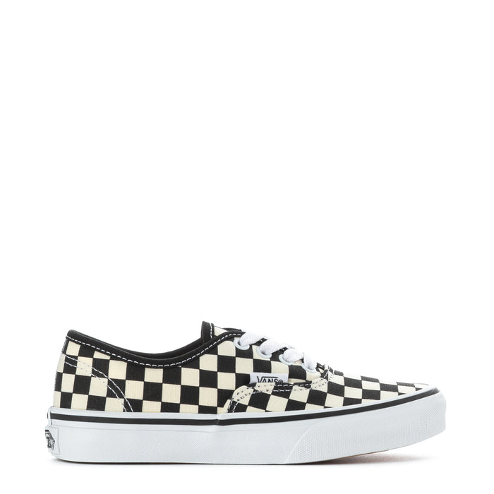 Kids low-top sneakers, black and white checkerboard with white laces
