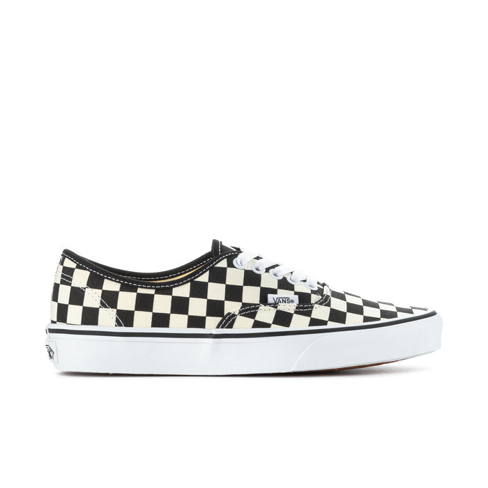 Mens checkerboard sneakers, black and white, lace-up with Vans logo on tongue