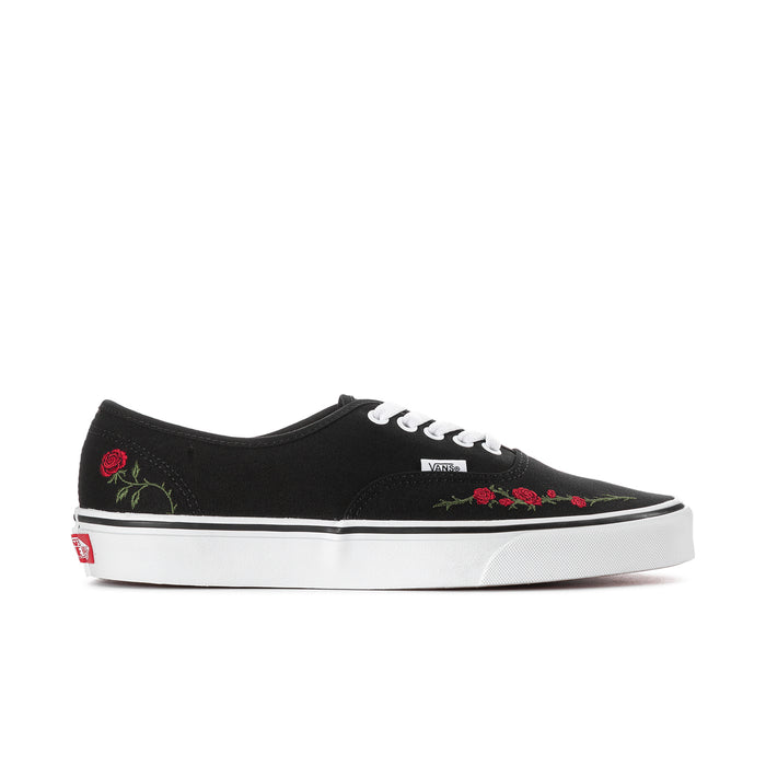 Men's black canvas sneakers with rose embroidery, white laces and rubber sole