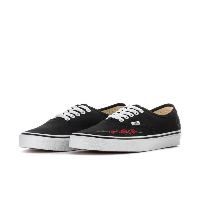 Men's black canvas sneakers, rose floral side embroidery, white laces and sole