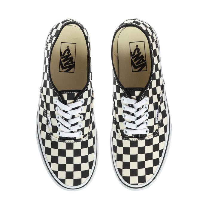 Mens checkerboard sneakers, pair view with Vans logo insoles and white laces