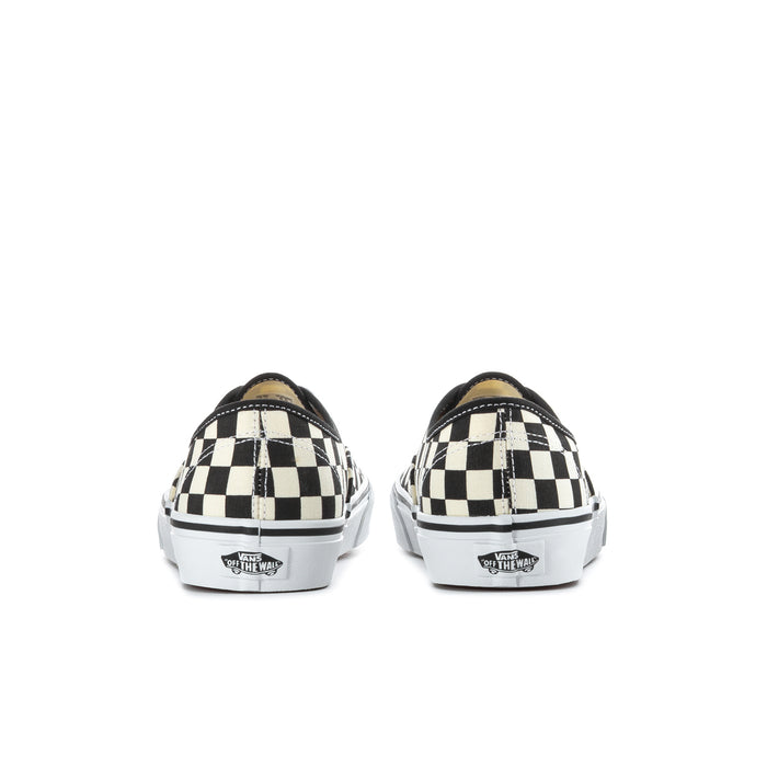 Mens checkerboard low-top sneakers, back view with heel tabs and Vans labels