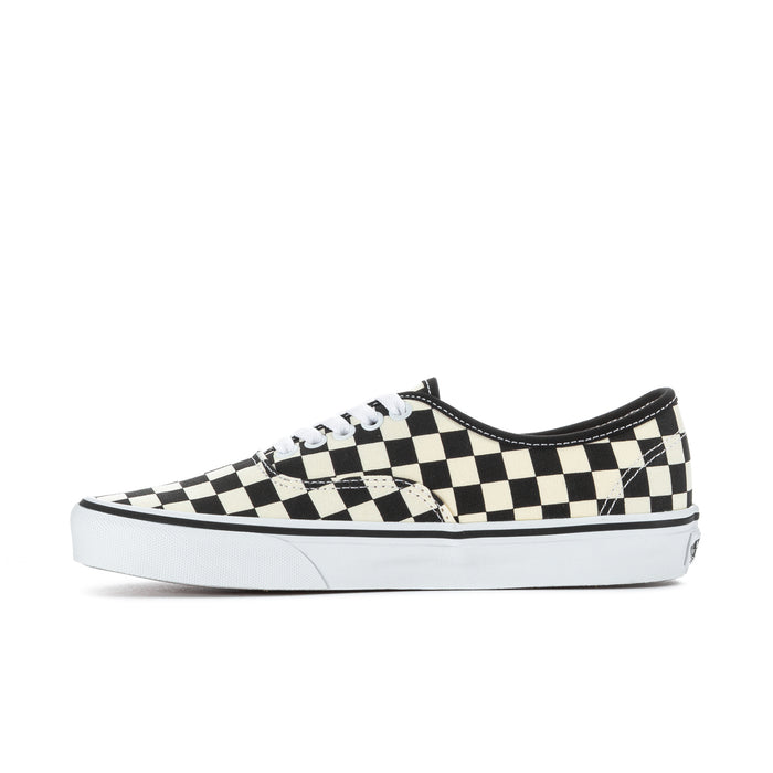Mens checkerboard sneakers, side profile with black trim, white laces, Vans logo