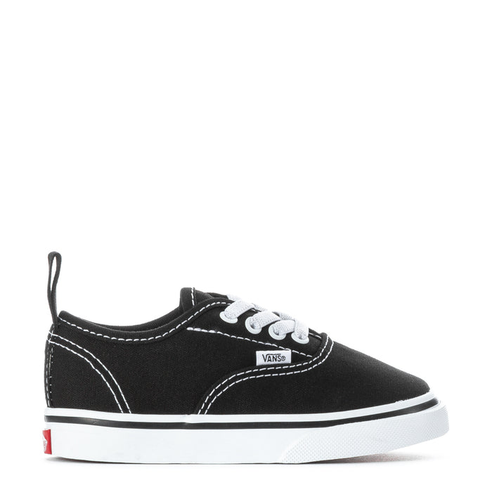 Black toddler low-top lace-up sneaker with white laces and stitched sidewalls