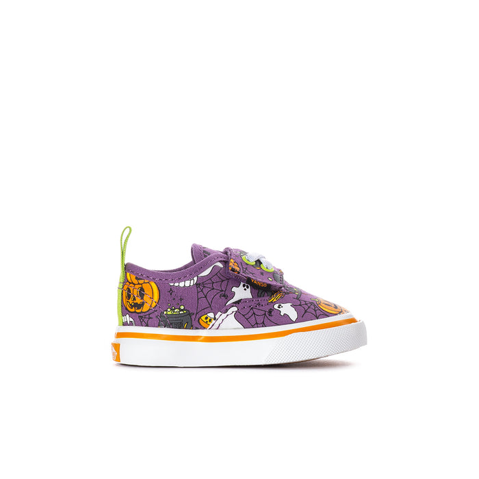 Purple toddler low-top sneakers with Halloween print, neon green laces, orange trim