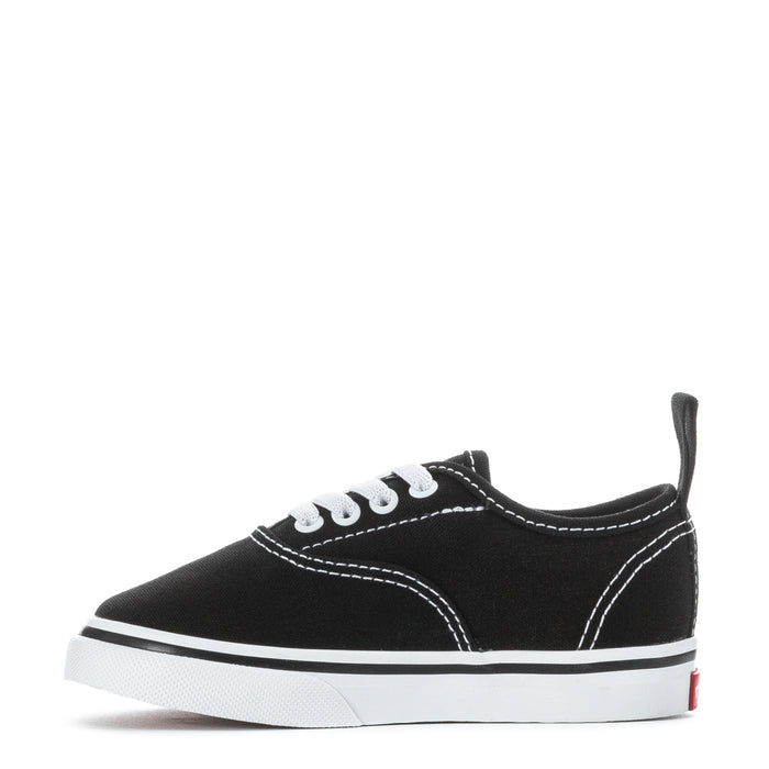 Black toddler low-top lace-up sneaker with white laces and white stitch lines