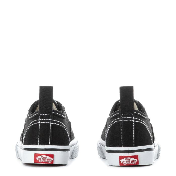 Black toddler low-top sneakers with white midsoles and heel Vans label patch