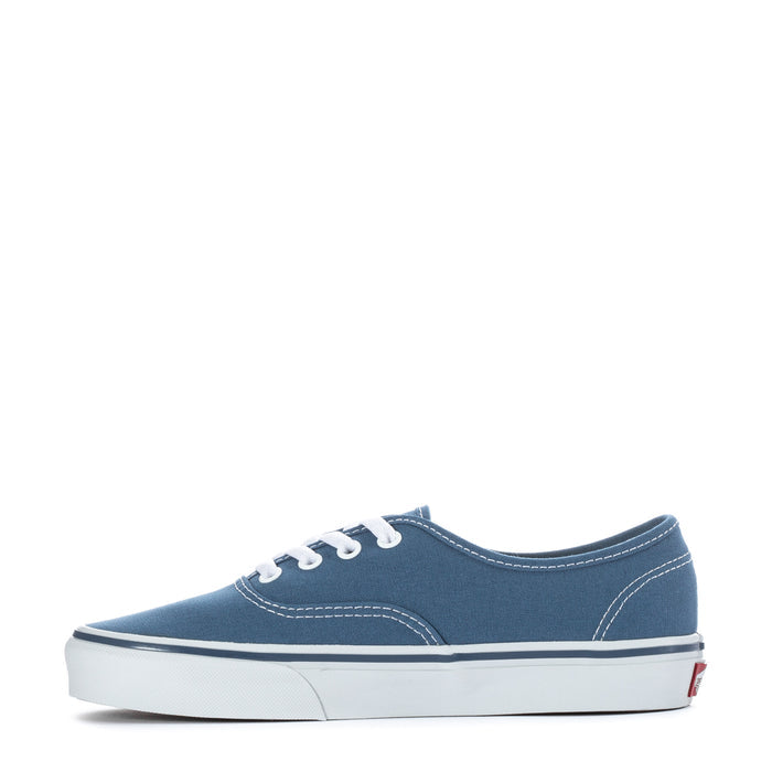 Youth navy canvas low-top sneakers, side angle, white stitching and VANS logo