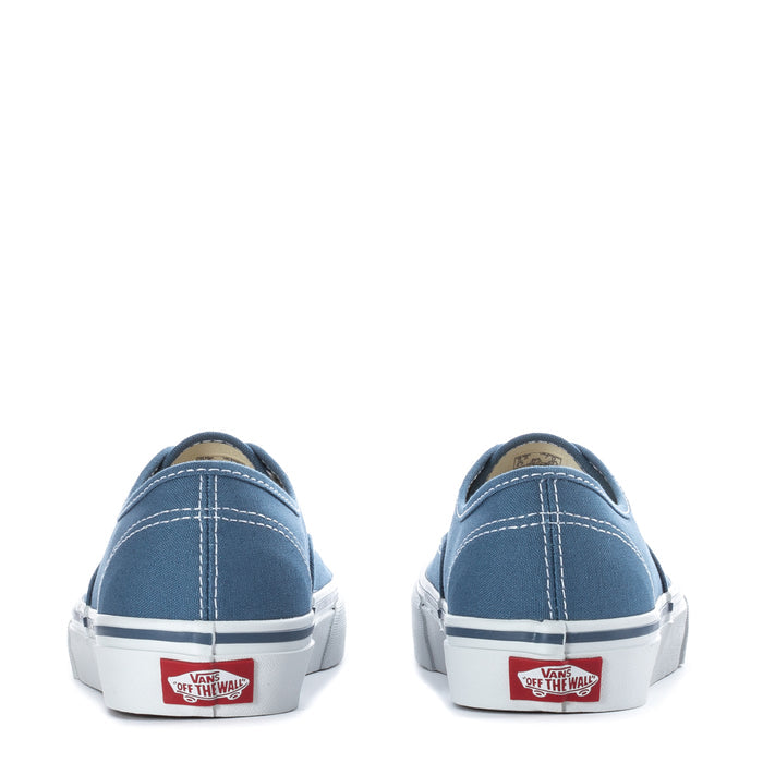 Youth navy canvas low-top sneakers, heel view with Vans 'Off the Wall' tags