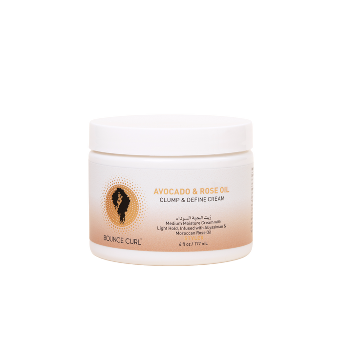 A white jar of Bounce Curl Avocado & Rose Oil Clump & Define Cream against a white background