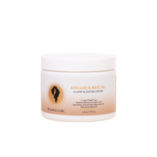 A white jar of Bounce Curl Avocado & Rose Oil Clump & Define Cream against a white background