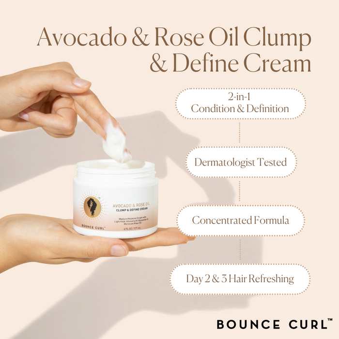 Promotional graphic: Bounce Curl Clump & Define Cream jar open with benefits callouts on peach