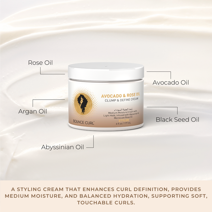 Bounce Curl Avocado and Rose Oil Clump and Define Cream with text highlighting product ingredients