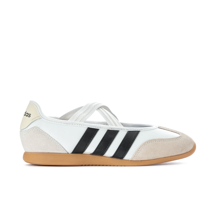 Women's Mary Jane sneaker with white leather, black stripes, and gum sole