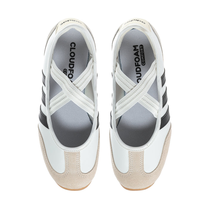 Women's Mary Jane sneaker front view, white upper with black interior heel panel
