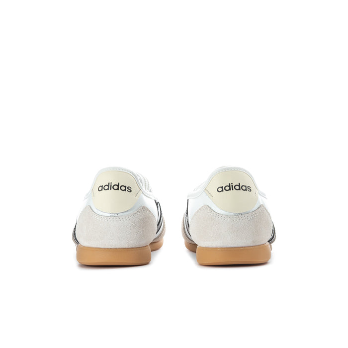 Women's Mary Jane sneaker back view, white suede heel with adidas logo, gum sole