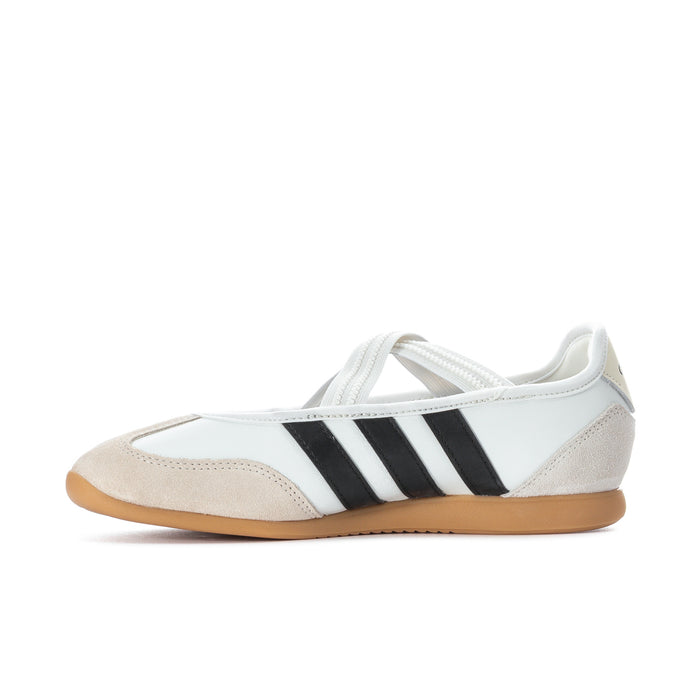 Women's Mary Jane sneaker with white laces, black triple stripes, and gum sole
