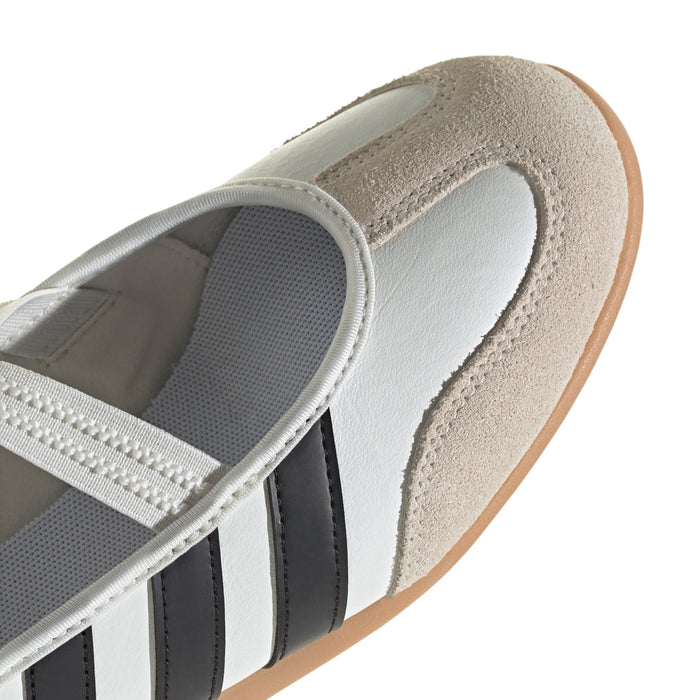 Women's Mary Jane sneaker toe detail, white and beige panels with black stripe