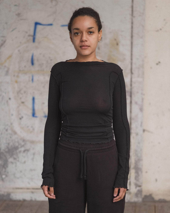 Baserange - T-shirt manches longues noir - Coton biologique côtelé - Tops - TTML-RB-000