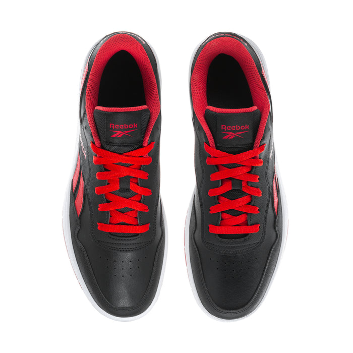 Men's Reebok BB 1000 sneakers, black uppers with red laces and padded red collar.