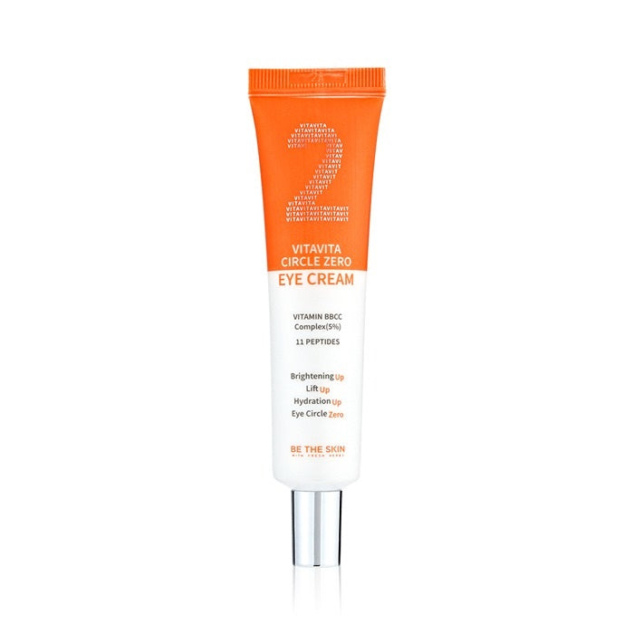 BE THE SKIN Vitavita Circle Zero Eye Cream is a nourishing eye cream designed to brighten and revitalize the delicate skin around the eyes. Infused with Niacinamide, Vitamin C derivatives, and a blend of peptides, this cream helps to reduce the appearance of dark circles, fine lines, and puffiness. The addition of Hydrolyzed Collagen and Elastin enhances skin elasticity and firmness, while Panthenol and Betaine provide deep hydration. Perfect for daily use, it leaves the eye area looking refresh