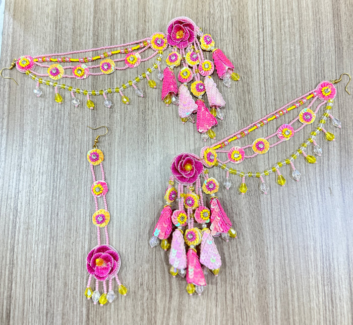 Beaded Handmade Jewellery Pink Yellow Earring Tikka Set