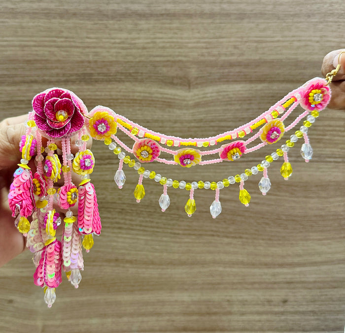 Beaded Handmade Jewellery Pink Yellow Earring Tikka Set