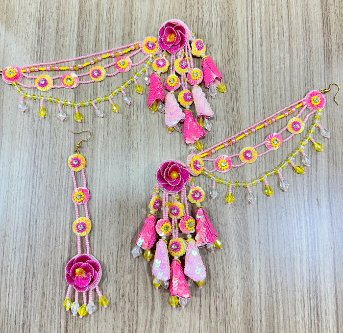 Beaded Handmade Jewellery Pink Yellow Earring Tikka Set