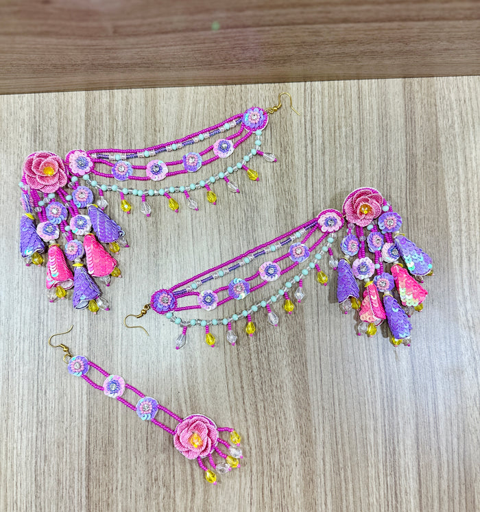 Beaded Handmade Jewellery Purple Pink Earring Tikka Set