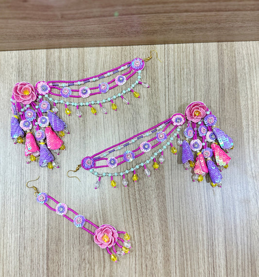 Beaded Handmade Jewellery Purple Pink Earring Tikka Set
