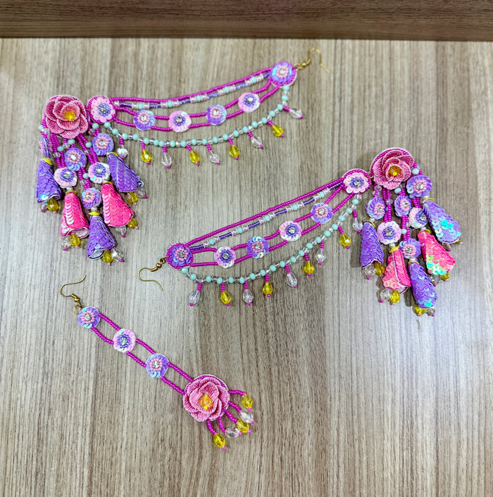 Beaded Handmade Jewellery Purple Pink Earring Tikka Set