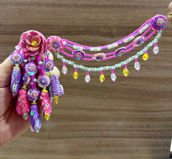 Beaded Handmade Jewellery Purple Pink Earring Tikka Set