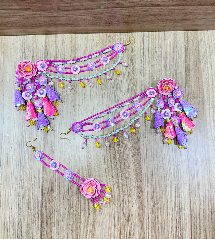 Beaded Handmade Jewellery Purple Pink Earring Tikka Set