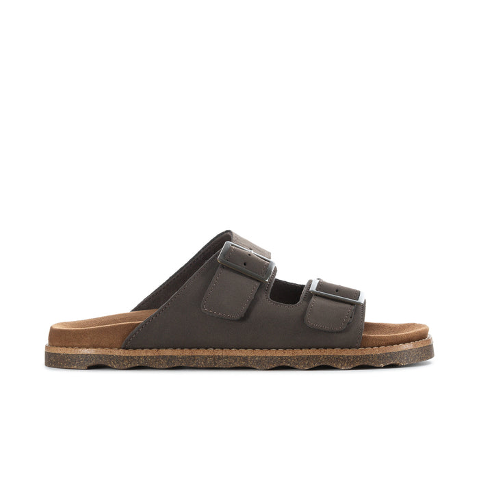 Men's dark brown leather sandals with two buckle straps, open toe