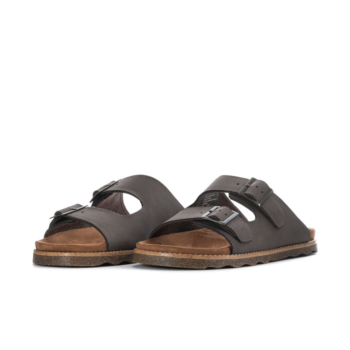 Men's dark brown leather sandals with two adjustable buckle straps and cushioned sole
