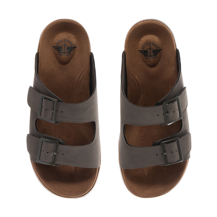 Men's dark brown leather sandals with two buckle straps and cushioned footbed