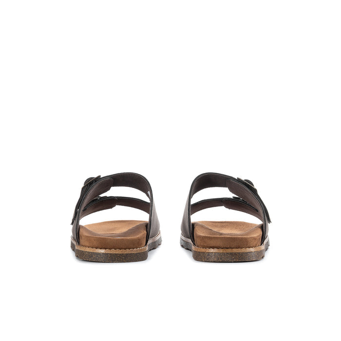Men's dark brown leather sandals, back view with adjustable buckle straps