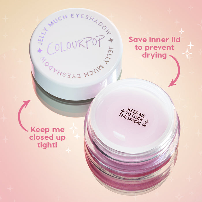 ColourPop Jelly Much Shadow in Big Ego shown open, lavender jelly eyeshadow in a glass pot with inner seal and screw cap nearby, callouts advise saving the inner lid to prevent drying and closing tightly, on a pink gradient background with sparkles.