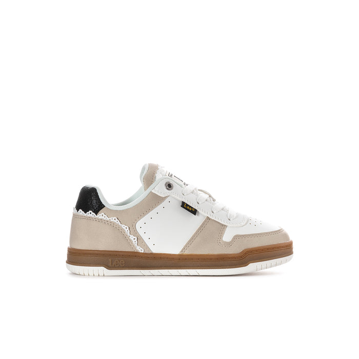 Kids lace-up sneakers, white with tan panels and black collar; gum-brown sole