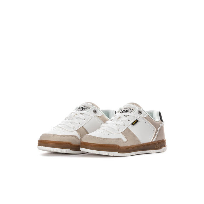 Kids lace-up sneakers, white uppers with tan side panels and gum-brown sole